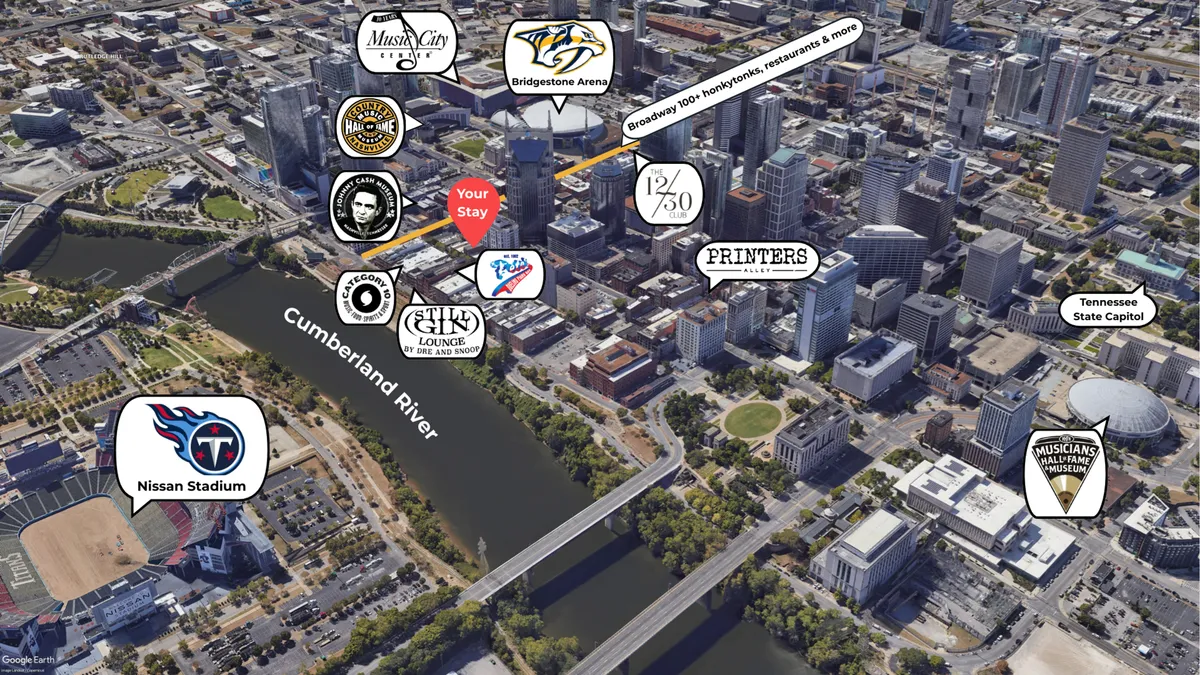 A stunning panoramic view of downtown Nashville with the Cumberland River in the foreground. Key city icons such as Bridgestone Arena, Nissan Stadium, and the bustling skyline are clearly visible, encapsulating the city's vibrant energy and countless entertainment options within walking distance.