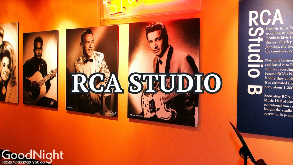 Photographs of famous musicians line the walls, accompanied by prominent RCA Studio signage, evoking the renowned recording history of Nashville. Visitors can experience music listening tours and guided explorations, steeped in the stories of legendary artists.