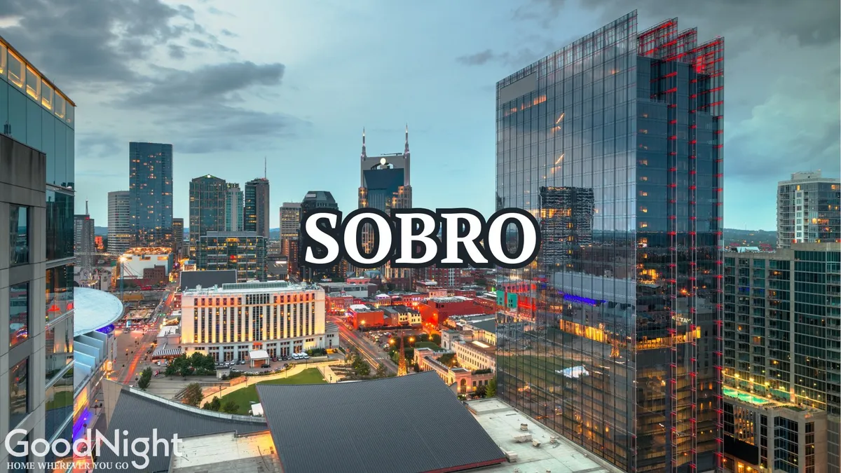 A panoramic view of the Nashville skyline at night, with prominent buildings and neon lights illuminating the city. The scene suggests a lively nightlife atmosphere and hints at restaurants, music venues, and city adventures waiting to be explored.