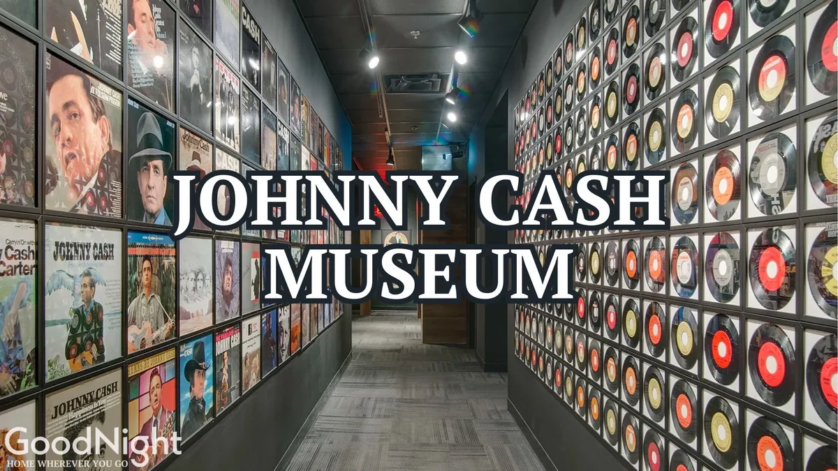 Walls covered in classic record album covers and vinyl displays immerse viewers in music history—an evocative tribute to Johnny Cash and Nashville’s rich musical heritage. The scene pulses with energy, inviting exploration and discovery.